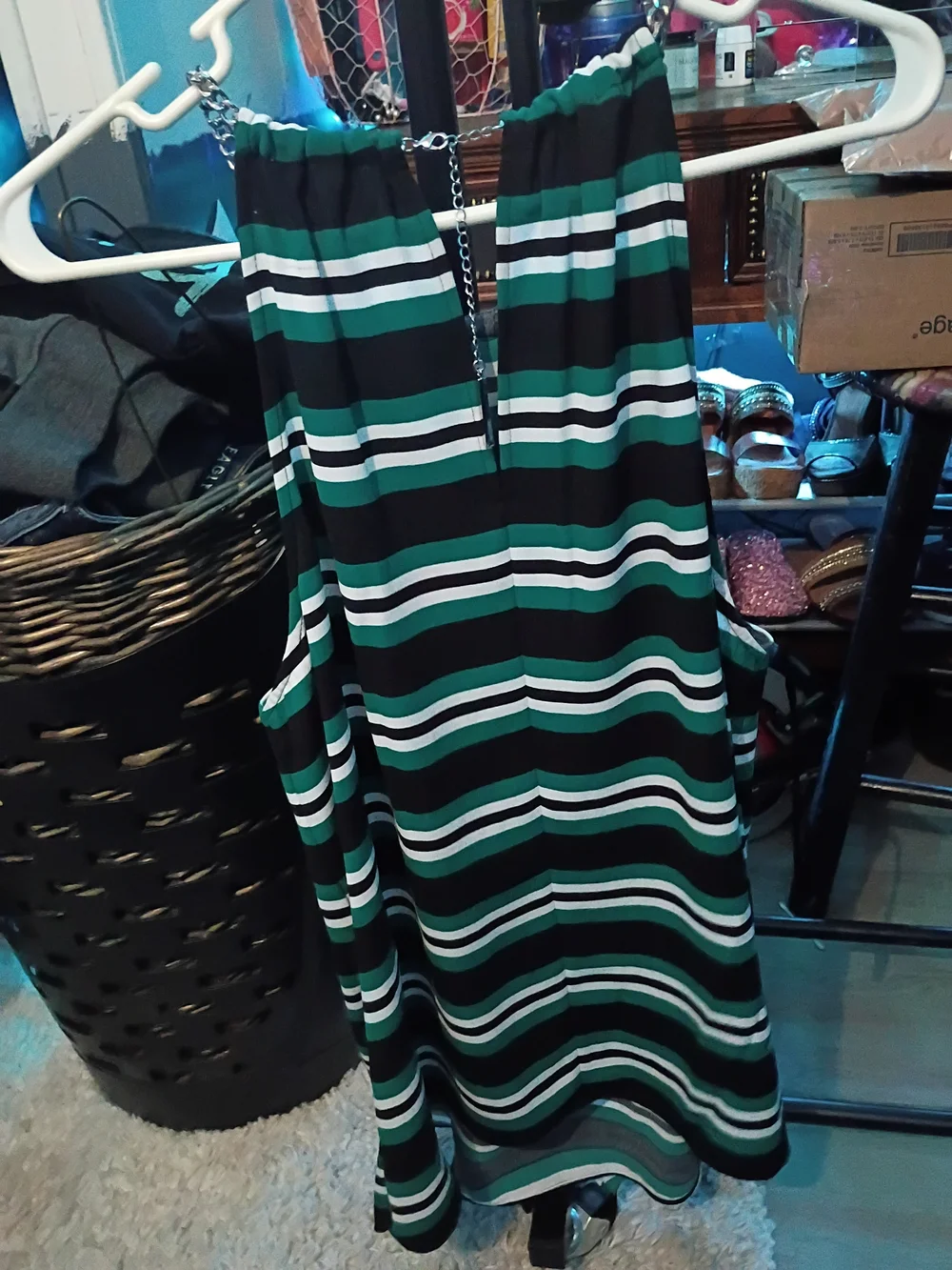 Michael Kors Black Green White Striped Chain-Shoulder Tank